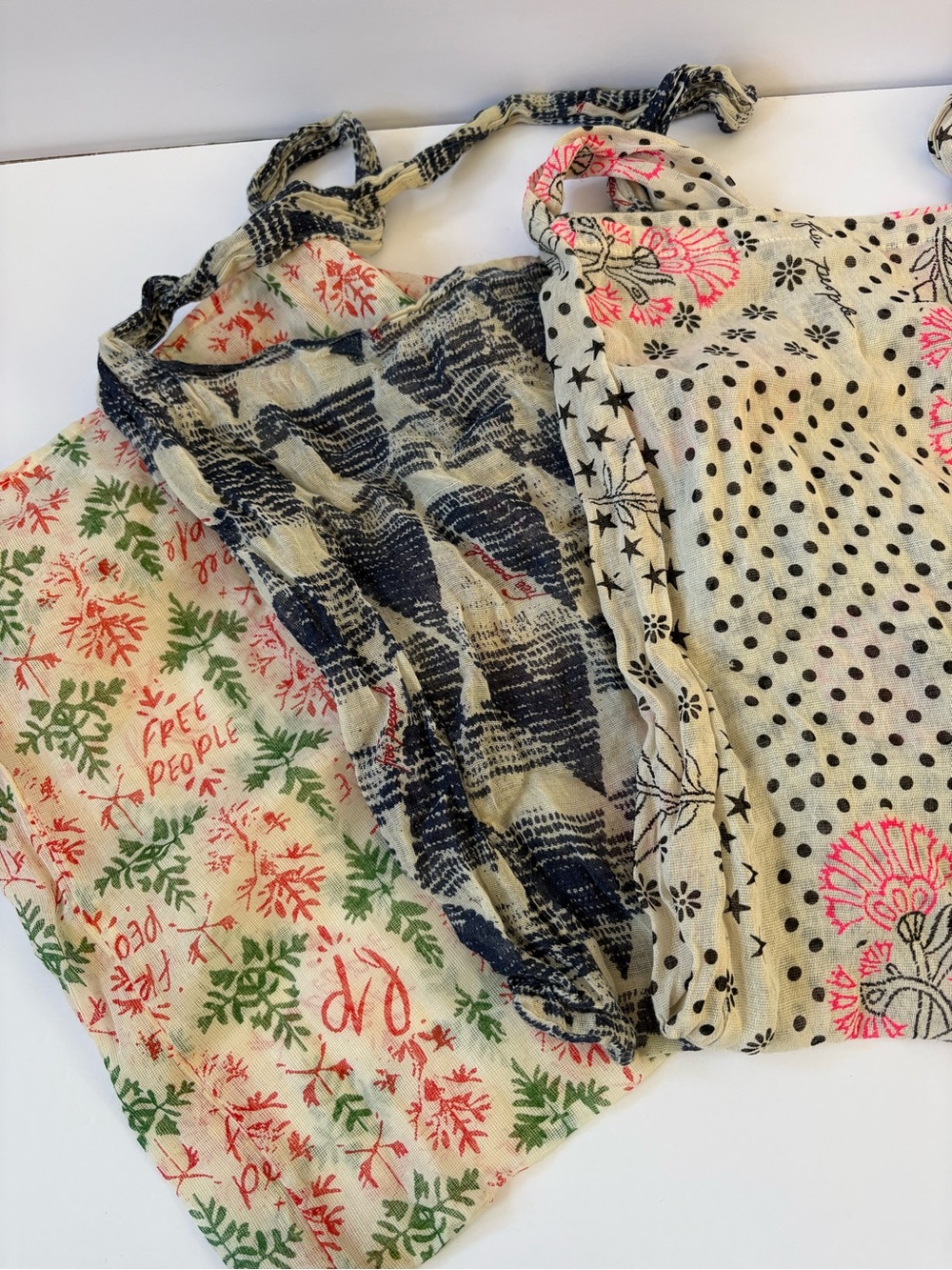 3 Free People Lightweight‎ Cotton Muslin Tote Shopping Bags Nude Red Black Pink